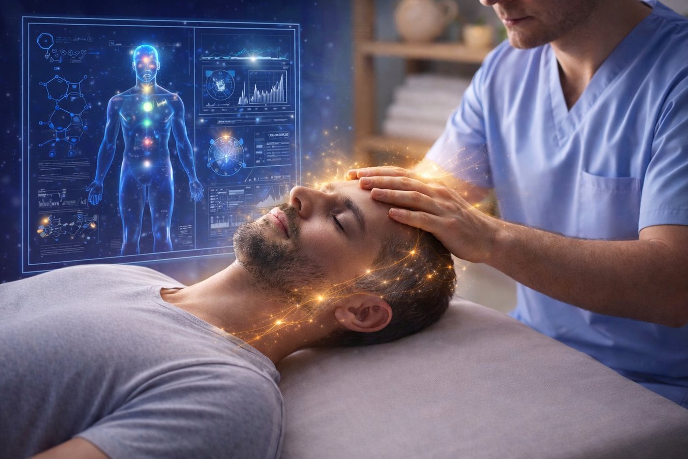 Sesión de terapia craneal con visualización de energía