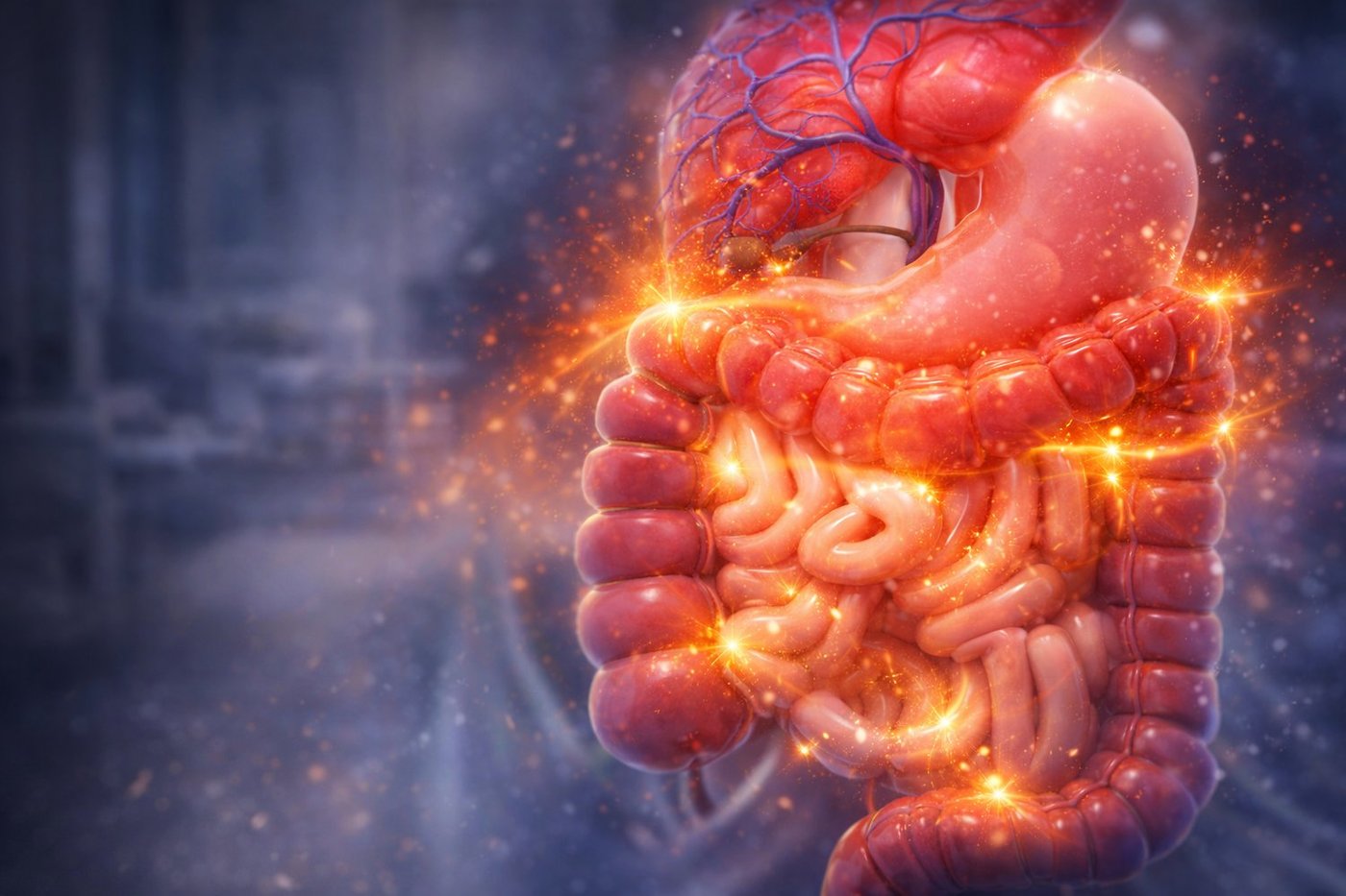 Sistema digestivo iluminado, representando la salud visceral